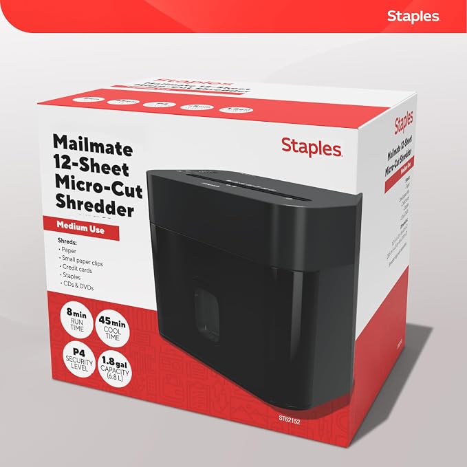 Staples 12-Sheet Micro-Cut Paper Shredder, Compact, High-Security, Black | Shreds credit cards and documents for home or office. Space-saving design.