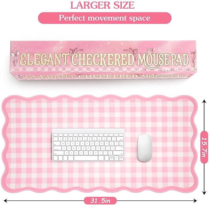 Scalloped Gingham Pink Desk Mat,Large Cute Desk Pad for Keyboard Mouse,Girly Mouse Pad for Desktop Office