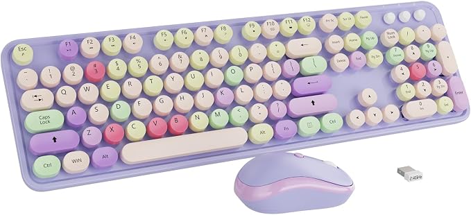 Wireless Computer Keyboard and Mouse Combo,Colorful Purple | Ergonomic Full Size Typewriter Retro Round Keycaps Keyboard, Compatible with Windows, PC, Perfer for Home and Office