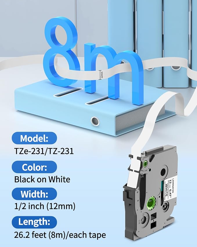 Replacement for Brother P-Touch Label Tape 12mm 0.47 Laminated TZe-231 | Label Maker Tape Refills Compatible with Brother PT-D210 D220 H110 D400 D410 D600 D610BT, Black on White, 12mm x 8m, 4-Pack