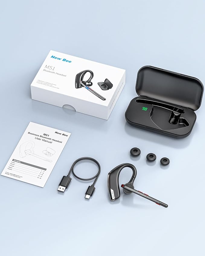 New Bee Bluetooth Headset, Wireless Bluetooth Earpiece for Cellphone with 500mah Charging Case 80h Playtime V5.2 Dual Mic Noise Cancelling Hands-Free Earphones for Office Driver