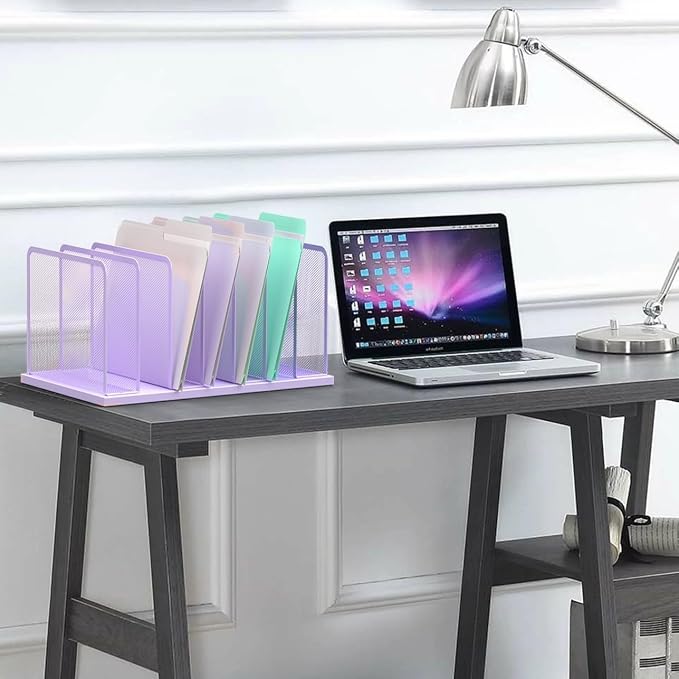 Kuntine.B 7-Section Upright Desk File Organizer Purple 1 Pack | Vertical, Mesh, Metal, Assembly, Stability, Sturdiness, Organization, Standing