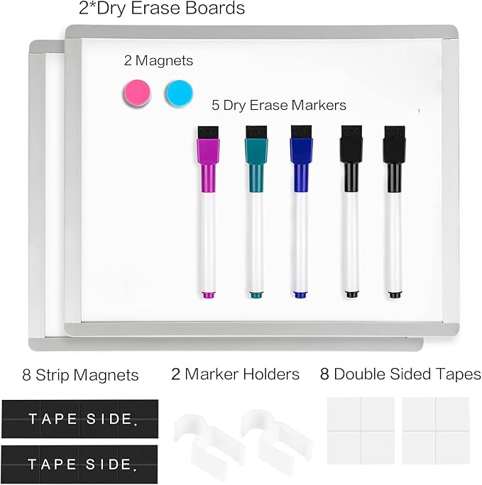 VUSIGN Magnetic Dry Erase Board, 14 x 11 Inches White Board, Gray, 2 Pack | Includes 5 Dry Erase Markers, Small Mini White Board for Students Fridge Wall Locker