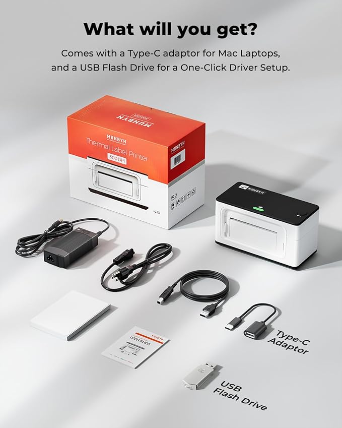 MUNBYN Bluetooth Thermal Label Printer 941BP, 300DPI Wireless 4x6 Shipping | USB & Bluetooth, iOS & Android Support, Windows & Mac Compatible, Small Business, Home Office, Ecommerce Sellers (White)