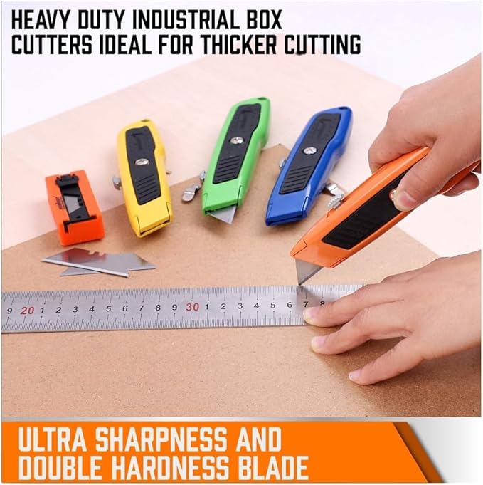 HORUSDY 4-Pack Box Cutter Utility Knife, Heavy Duty Aluminum Shell Retractable Box Cutter for Cardboard, Boxes and Cartons, Extra 10 Blades