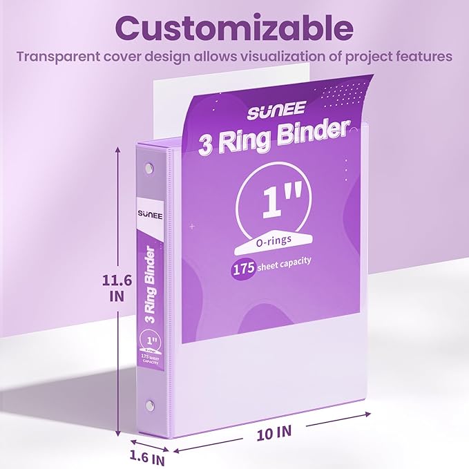 SUNEE 3 Ring Binder 1 Inch 2 Pack, Clear View Binder Three Ring PVC-Free (Fit 8.5x11 Inches) for School or Office Supplies, Purple