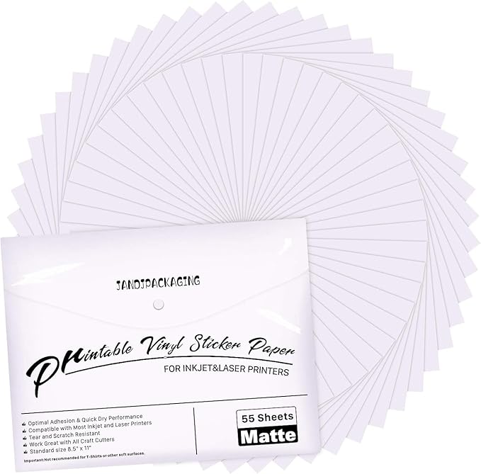 JANDJPACKAGING Printable Vinyl for Inkjet Printer - 55 Pack Matte White Printable Vinyl Sticker Paper Dries Quickly Vivid Colors, Holds Ink Well, Tear Resistant, Inkjet & Laser Printer