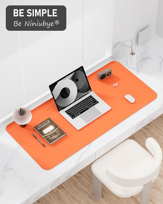 Desk Pad, 30" x 14" PU Leather Non-Slip Desk Mat Large Mouse Pad for Desktop, Waterproof Laptop Computer Writing Mat for Office, Home, Work, Gaming, Orange