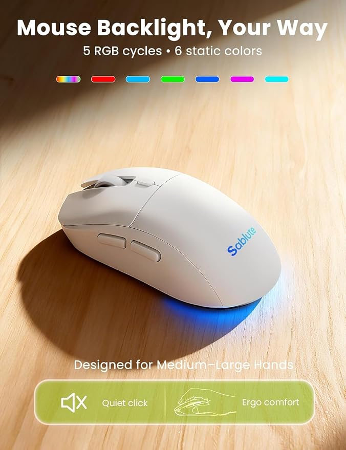 SABLUTE White Wireless Keyboard and Mouse Combo, Light up Ergonomic Keyboard Set, 2.4G Full Size Ergo Wave Key Board with Cushioned Plam Rest, Silent Mouse, for Computer/Laptop/Windows/Mac