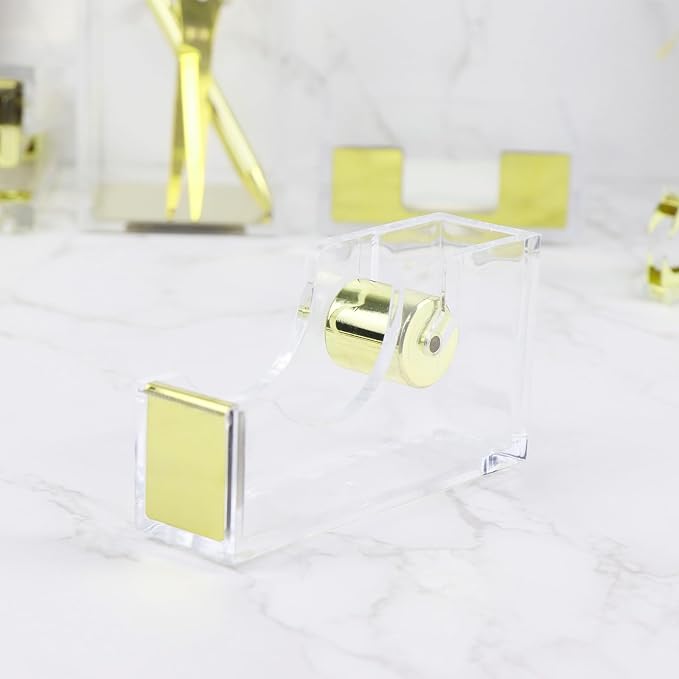 NatSumeBasics Tape Dispenser Desk Pure Gold Acrylic Washi Tapes Holder Dispenser for Aesthetic Office School Accessories Supplies (Clear Yellow Gold)