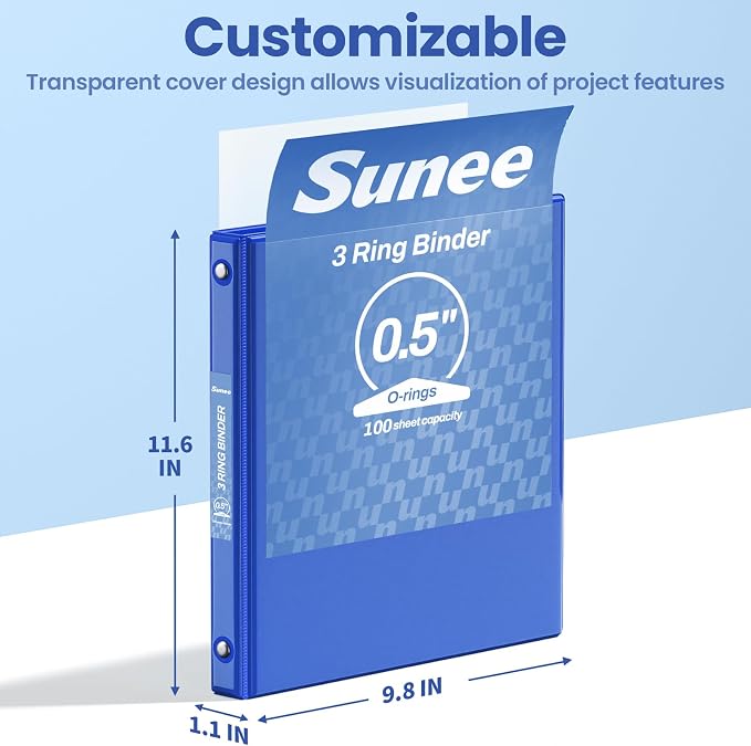SUNEE 3 Ring Binder 1/2 Inch 1 Pack, Clear View Binder Three Ring PVC-Free (Fit 8.5x11 Inches) for School or Office Supplies, Cobalt Blue