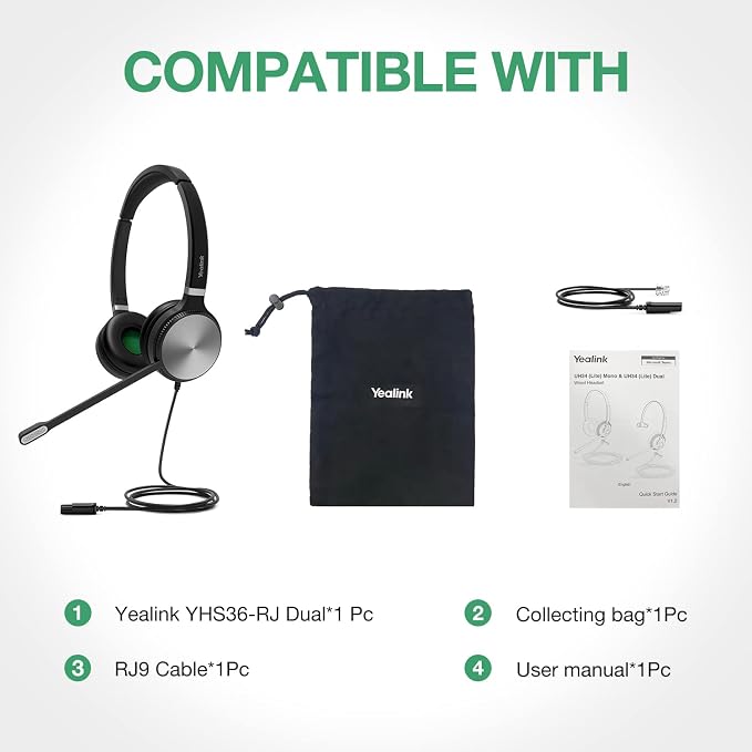 Yealink Phone Headsets for Office Phones YHS36 QD to RJ9 Wired Headset Compatible with Poly Snom Grandstream Phones Desk Landline VoIP Headset with Microphone -Dual/170g/2.1m Cable