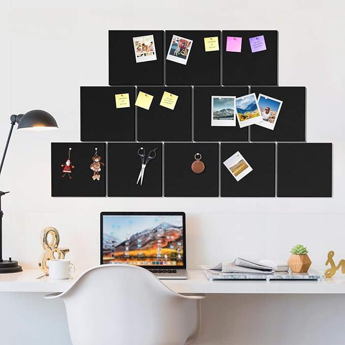 MaxGear Felt Bulletin Board 48" x 36", Black Felt Wall Tiles Wall Decor | Modern Cork Board For Office Alternative, 12 Pack 11.8" x 11.8" Wall Panels With Push Pins, Vision Board Office & Home Decor