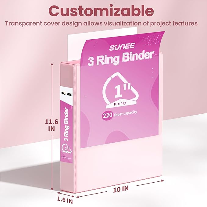SUNEE 3 Ring Binder 1 Inch D Ring, Clear View Binder Three Ring PVC-Free (Fit 8.5x11 Inches) for School or Office Supplies, Assorted Pastel, 4 Pack