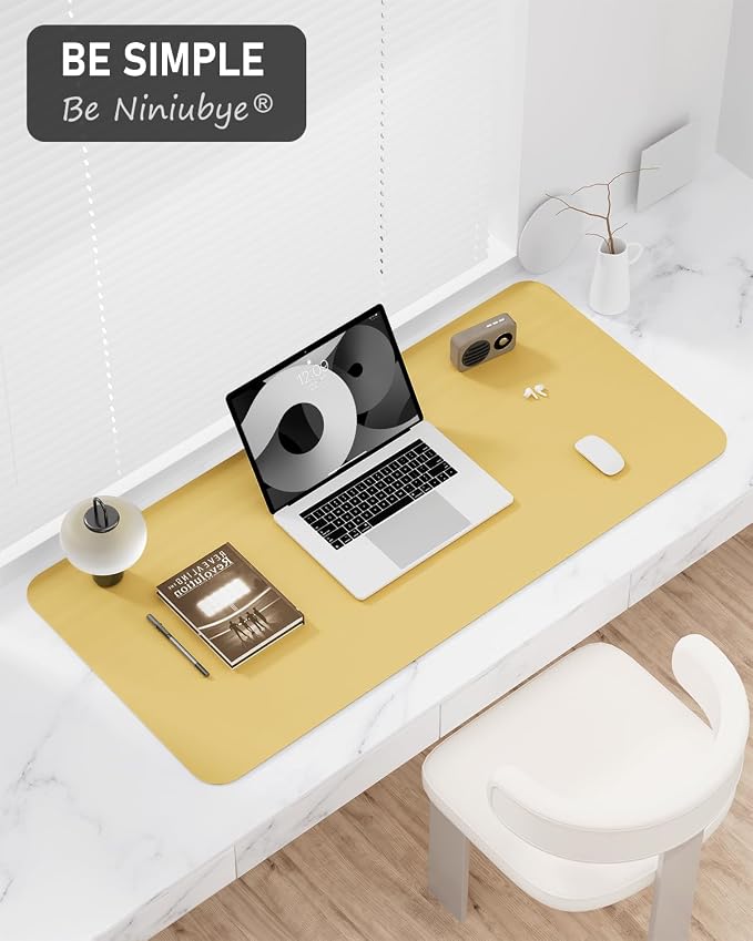 Desk Pad, 30" x 14" PU Leather Non-Slip Desk Mat Large Mouse Pad for Desktop, Waterproof Laptop Computer Writing Mat for Office, Home, Work, Gaming, Pale Yellow