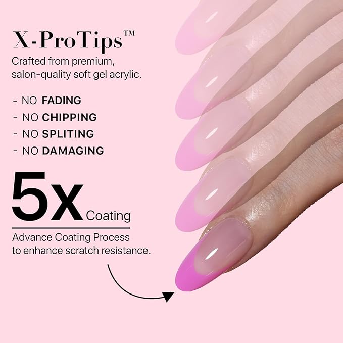 SXC Cosmetics French Tip Press On Nails 150 Pieces in 15 Sizes Ultra Fit with Pre-applied Tip Primer and Base Coat, No Need to File Fake Nails for Nail Art DIY X-Pro Tips (5PINK115-M Almond)