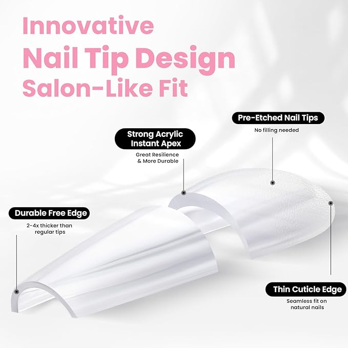 Beetles Tipex Instant Apex Nail Tips Kit with Dehydrator & Primer, Medium Coffin, 224PCS 16 Sizes, Reinforced Apex for Strong Long-Lasting Wear, 20g Solid Nail Glue, Mini UV Lamp, Base & Top Coat
