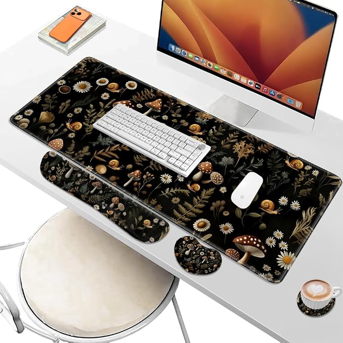 Desk Pad and Keyboard Wrist Rest, Large Mouse Pad + Keyboard Pad+Mouse Wrist Support, Non-Slip Desk Mat Protector for Office, Home 31.5×11.8 Inches Mushroom