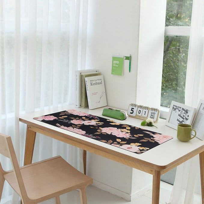 iCasso Extended Gaming Mouse Pad,XXL Desk Pad,Peony | Non-Slip Rubber Base Mousepad with Stitched Edges,Waterproof Keyboard Mouse Mat Desk Pad for Work Home Office