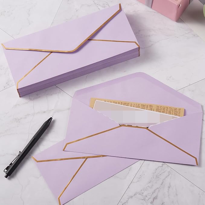 50 Pack #10 Business Envelopes, Light Purple, 4 1/8 x 9 1/2 Inches | Gold Border, Self Seal Standard Envelopes with Gold Stickers for Office, Checks, Letter Mailing, Invoices