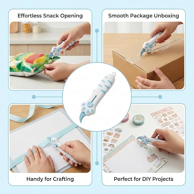 Cat Paw Box Cutter Cute Retractable Cat Box Cutter with Safety Lock | Mini Utility Knife with Ergonomic Paw Handle, Stainless Steel Blade for Opening Packages, Cardboard, Cartons & Tape