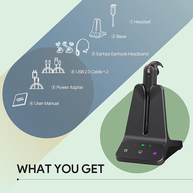 Yealink DECT Wireless Headset WH63 E2,Teams Certified,Single Ear(Mono) Office Headset for Desk Phone and Computer Softphone,3 Wearing Styles,Noise Cancelling Mic,607Ft Range