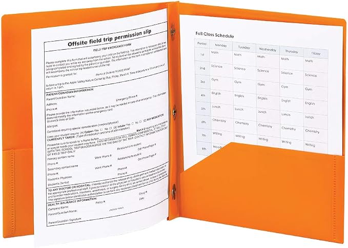 Smead Poly Two-Pocket Folder, Three-Hole Punch Prong Fasteners, Letter Size, Orange, 3 per Pack (87735)
