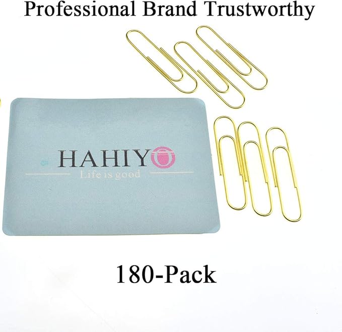 HAHIYO Paper Clips Sturdy 1.3 inches Length 180 Pack Paperclips Heavy Duty Tight Grip Rust Proof Reusable Metal Bright Gold for Home Office School