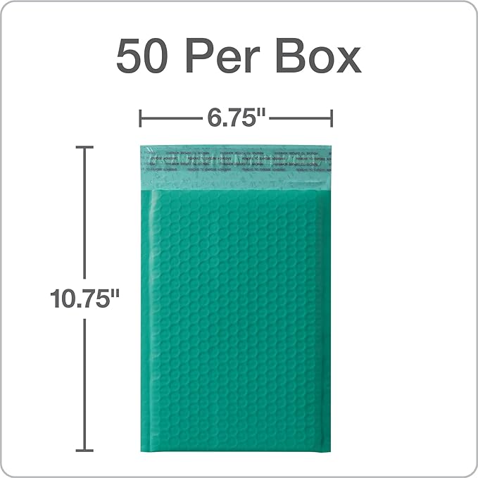 Quality Park Bubble Mailers, 6 x 9, Turquoise Poly Mailers, Padded Envelopes, Shipping Bags, Water Resistant, Self Seal, 50 Per Box (QUA85913)