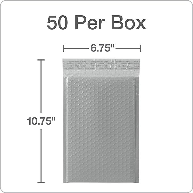 Quality Park Bubble Mailers, 6" x 9", Gray Poly Mailers, Padded Envelopes, Shipping Bags, Water Resistant, Self Seal, 50 Per Box (QUA85911)