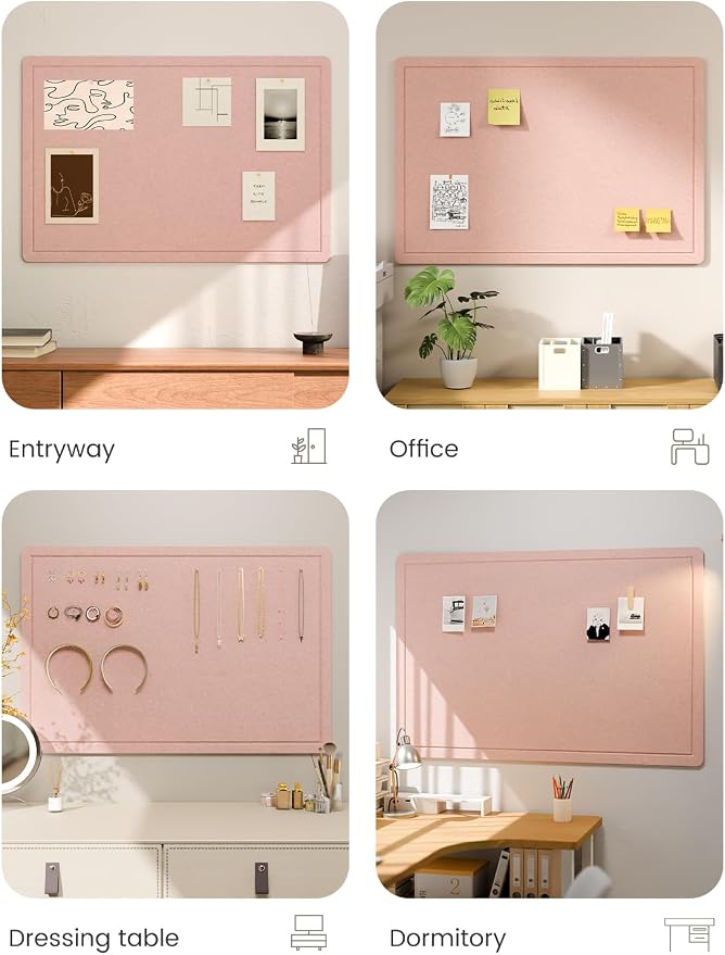 Fluxynara 35.4" x 23.6" Bulletin Board, Pink | Cork Board Alternative with 12 Removable Adhesive Tabs, Foldable Felt Pin Board for Home, Office, Classroom & Dorm