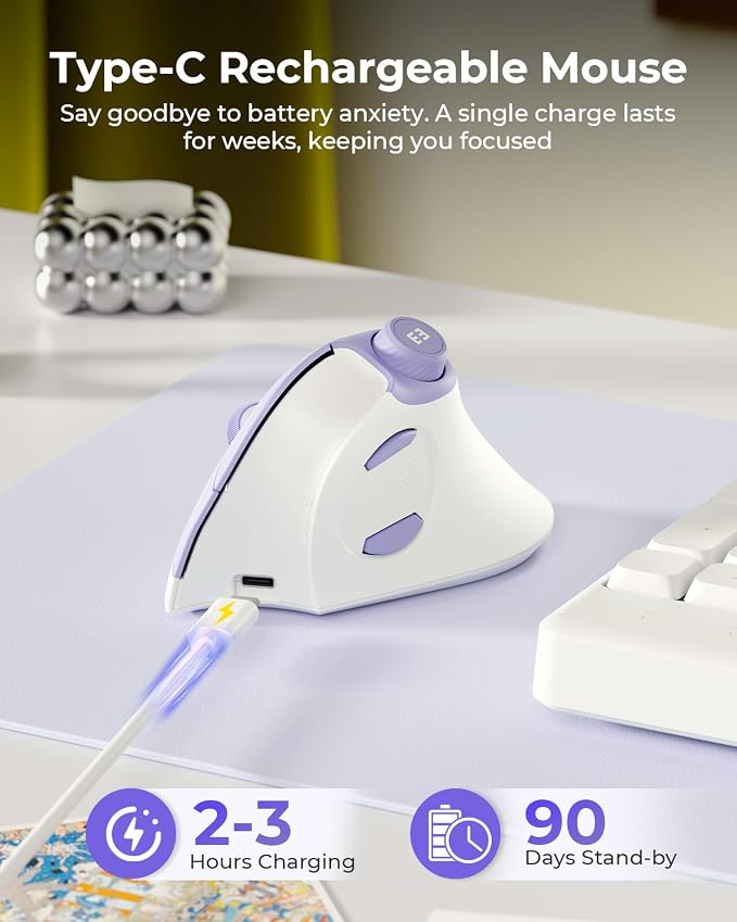 seenda MOU-302 Wireless Bluetooth Ergonomic Vertical Mouse with Volume Knob | Rechargeable 3-device mice for small/medium hands with quiet clicks, 1000/1600/2400 DPI for PC, laptop, MacBook, White Purple