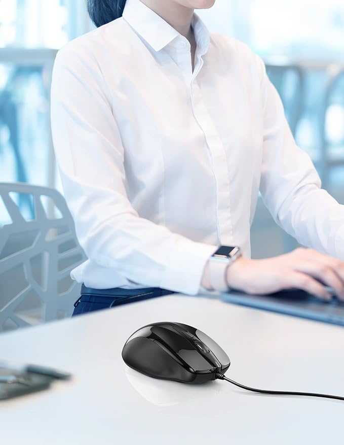 TECKNET USB Wired Mouse, 6-Button Corded Computer Mouse with 4 Adjustable DPI, Optical Computer Mice with Ergonomic Design and 5FT Cord for Laptop, Chromebook, PC, Desktop, Mac, Notebook-Black