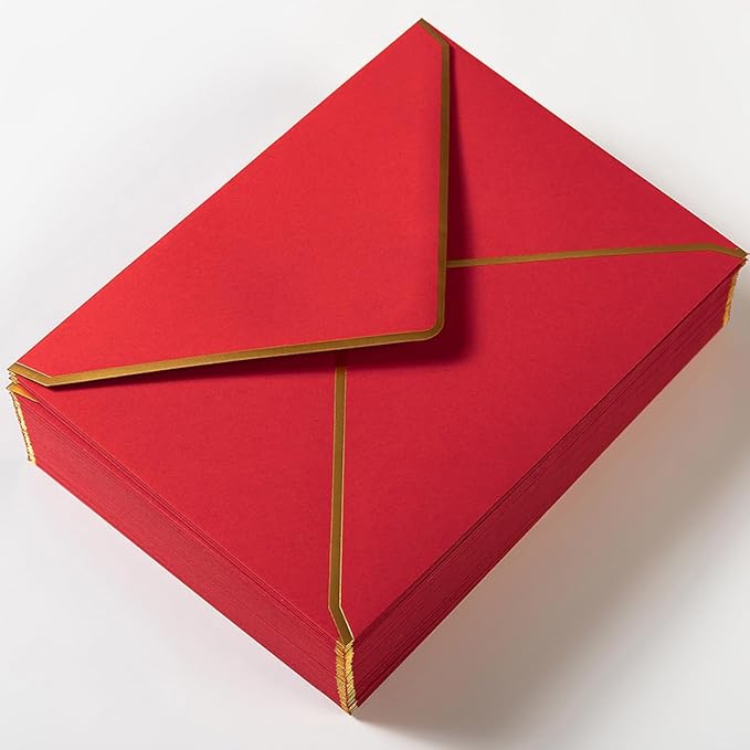 50 Pack A4 Envelopes Red 4x6 with Gold Border, 4.25x6.25 inches | Self-Adhesive, V Flap, For Wedding, Graduation, Baby Shower, Parties, Invitations