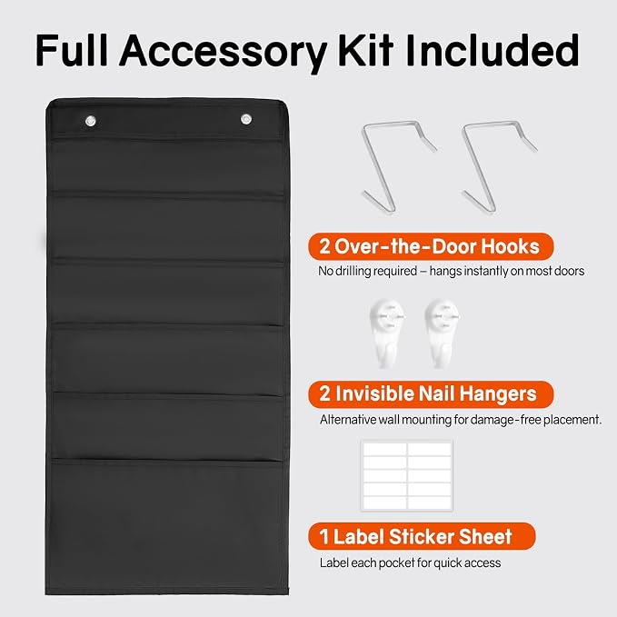 SUNEE 5 Pockets Hanging Wall File Organizer, Black Storage Pocket Chart for File Folder and Paper, Space Saver for Office and Classroom, with Wall Hangers, Over The Door Hooks, Labels