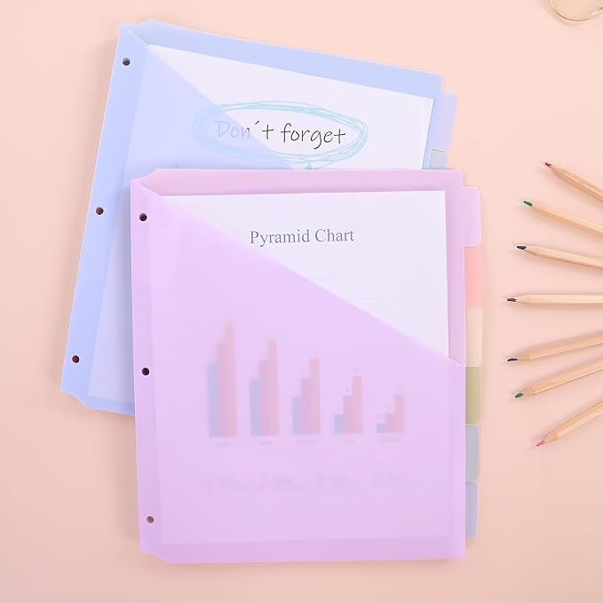 SKYDUE 6 Tab Dividers with Two Pockets, Plastic Binder Dividers | Dividers for 3 Ring Binders,Extend Beyond Sheet Protectors, Binder Organizer for School Office and Home Organization