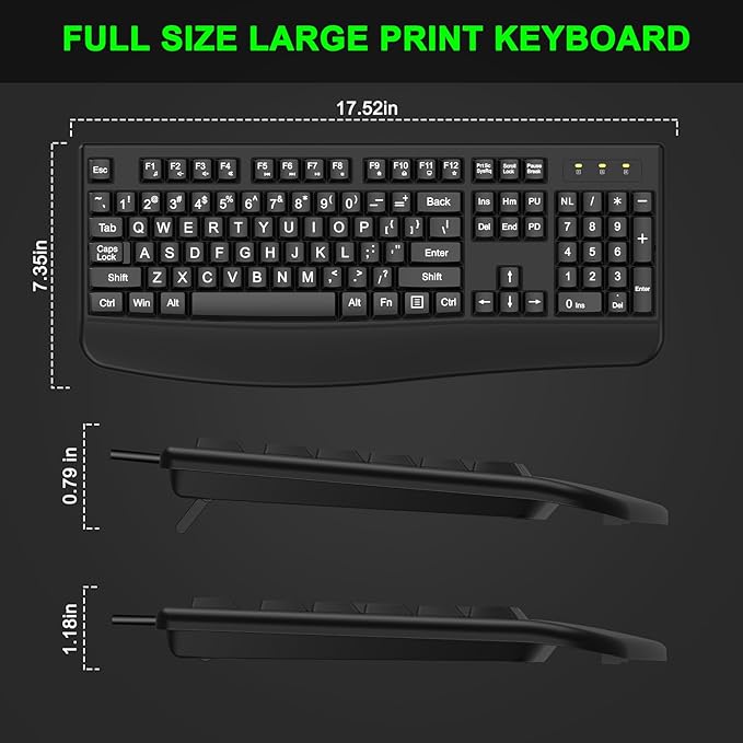 Large Print Keyboard, 2.4G Full-Sized Ergonomic WiredComputer Keyboard with Wrist Rest for Windows, Mac OS Laptop/PC/Desktop/Notebook(Large Print Black)