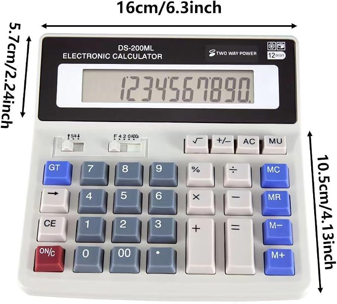 Large Desktop Calculator with 12-Digit Display, Large Plastic Buttons for Easy Operation and Viewing, Dual Power Supply: Battery (with Battery Slot) and Solar