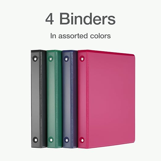 Cardinal 3 Ring Binders, Binders for School and Office, Durable 1 Inch, Round Rings, Holds 225 Sheets, ClearVue Presentation View, Non-Stick, Assorted Colors, 4 Pack (1017672)