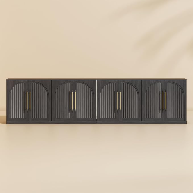 BELLEZE 3 Tier Bookshelf with Double-Arc Door, Set of 4 Modern Bookcase Shelf with Storage and Adjustable Shelves, 130'' Arched Buffet Wood Bookshelves for Living Room Office Entryway (Ebony)