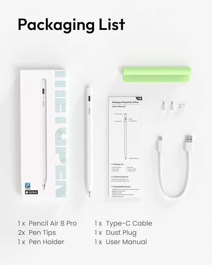 Metapen Pencil Air8 Pro for iPad 2018-2025, Ultra-Quiet, 2X Fast Charging, Palm Rejection Stylus Pen for iPad a16/11/10/9/8/7/6th Gen, Pro 12.9/11/13-inch M4, Air 3/4/5/M2/M3/M4, Mini 5/6th