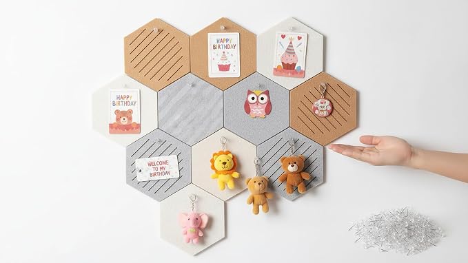 Large Felt Bulletin Cork Board Tiles for Office 15 x 13 inch, 10Pcs | Fully Self Adhesive Backing, 1300 g/m² High-Density Felt Hex Corkboards for Wall, Frameless, Peel & Stick, Modern, Decorative