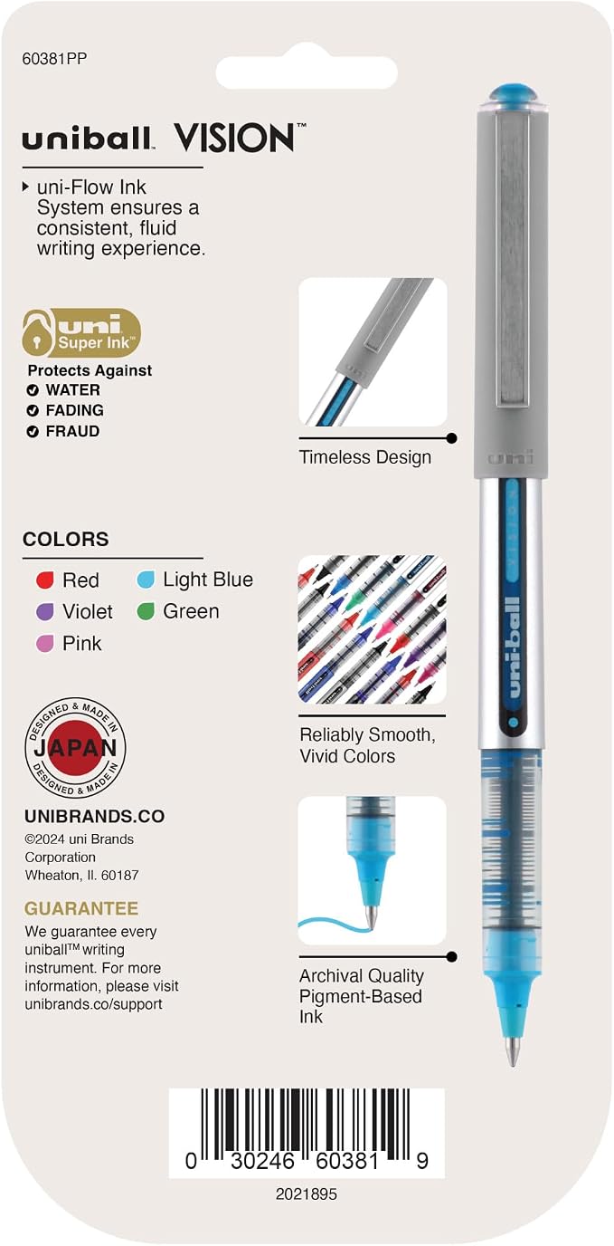 Uni-Ball 60381PP Vision Rollerball Pens, Fine Point (0.7mm), Fashion Colors, 5 Count
