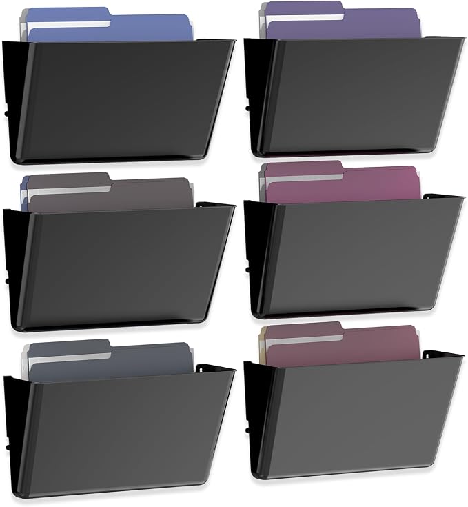MINDEPOT 6 Pockets Acrylic Wall File Organizer, Wall File Holder Black | Single Wall File Organizer, Save Space, Sturdy Acrylic Material, Black File Holder for Office Home