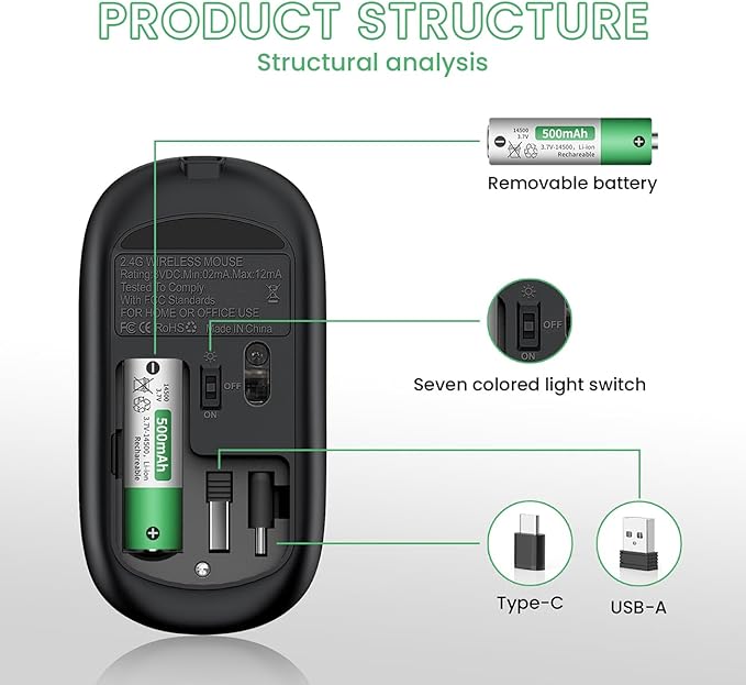 LED Wireless Mouse A100S Rechargeable Portable Silent Mouse with Optional USB and Type-C Receiver 3-Speed Adjustable DPI for PC/Mac/Laptop (Frosted Black)