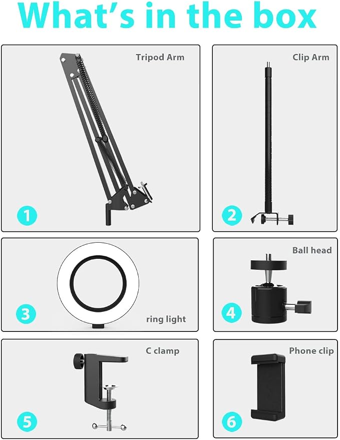 Overhead Camera Mount with Ring Light, Flexible Articulating Phone Arm Stand Compatible with iPhone, Logitech Webcam, Desk Tripod for YouTube Live Stream Cooking Nail Video Recording