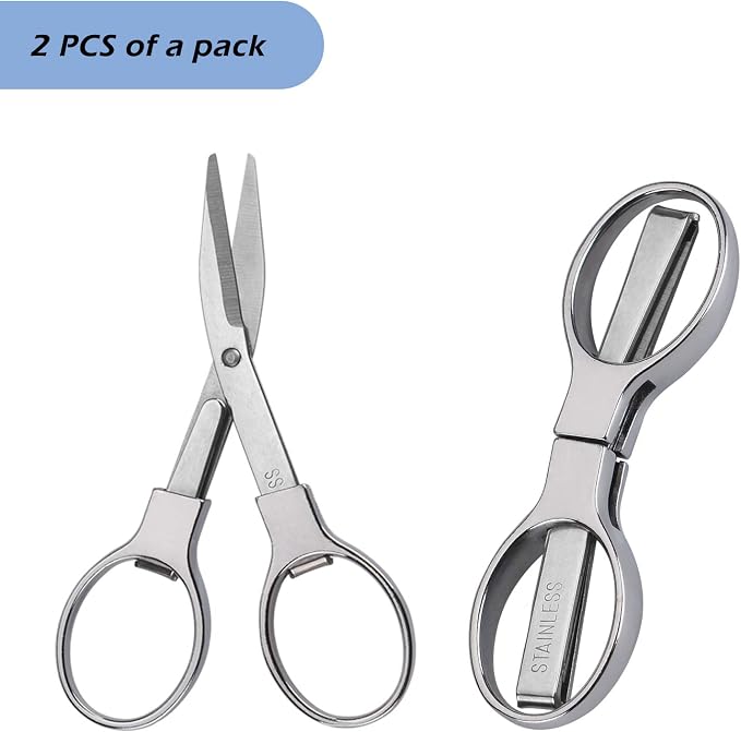 Friker Folding Scissors,Portable Telescopic Cutter Pocket Badge Scissors | 2 Pcs Mini Safe Silver Foldable Scissors for Household, Office, Handcrafts, Sewing, Nurse Use, Travel and Fishing