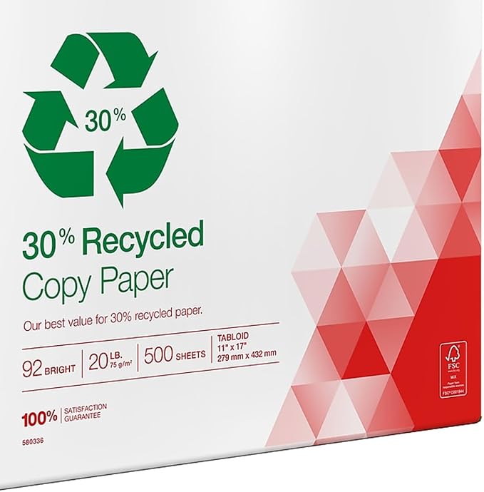 Staples 30% Recycled 11x17 Paper 20 lbs 92 Bright 500/Ream, For Office, School & Home