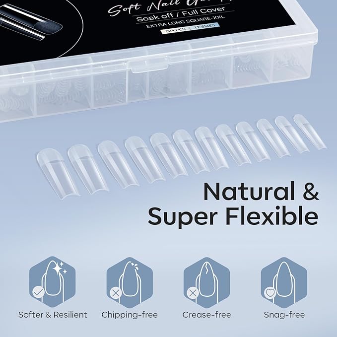 Modelones Long Square XXL Fake Nail Tips - 504Pcs Gel Tips Pre-shaped Half Matte Full Cover Clear Acrylic Gel Kit False Press on Nails for Extension DIY Salon 12Sizes