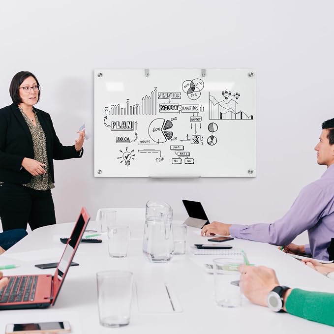 Wingwise Magnetic Glass Dry Erase Board, 36 x 24 in Brilliance White Board | Ultra-white 4mm tempered glass, scratch-resistant. Wall-mounted with hardware. Great for corporate offices, classrooms, home